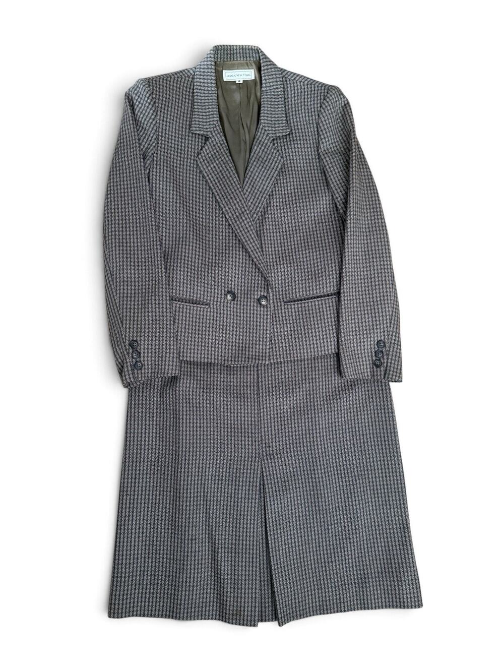 Vintage Jones New York Wool Suit 10 Herringbone Blazer Midi Skirt 2 Piece Set M